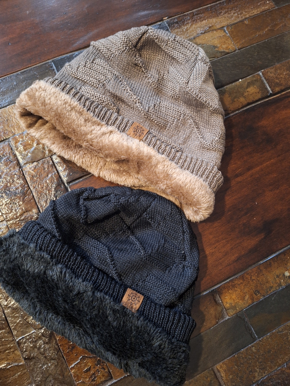 Cozy Faux-Fur Lined Knit Beanies - Taupe & Charcoal